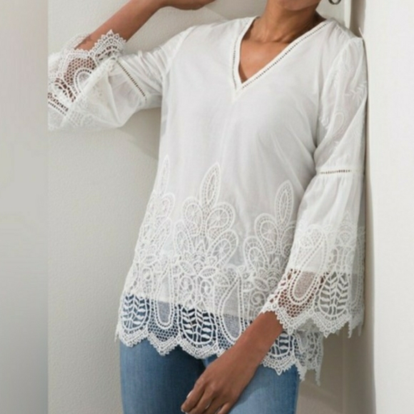 Chico's Tops - Chico's Boho White Embroidered Lace Cutout Pullover Blouse/Top